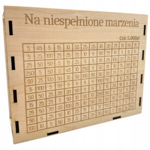 Drewniana skarbonka wykreślanka z grawerem TWÓJ NAPIS