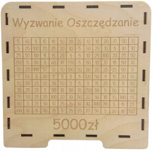 Drewniana skarbonka wykreślanka WYZWANIE OSZCZĘDZANIE drewno