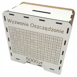 BIAŁA skarbonka wykreślanka WYZWANIE OSZCZĘDZANIE