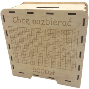 Drewniana skarbonka wykreślanka CHCĘ NAZBIERAĆ 5000 ZŁ drewno