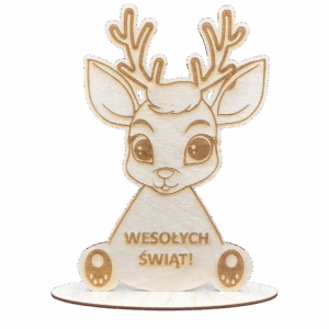 Drewniany słodki renifer reniferek WESOŁYCH ŚWIĄT z podstawką dekoracja stojąca grawer