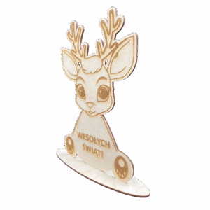 Drewniany słodki renifer reniferek WESOŁYCH ŚWIĄT z podstawką dekoracja stojąca grawer