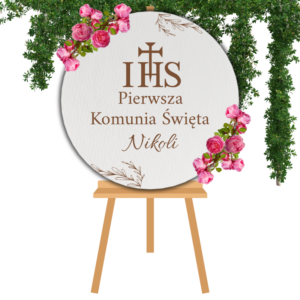 TABLICA POWITALNA KOMUNIJNA DEKORACJA SALI Z IMIENIEM DUŻA 57 CM KOŁO IHS