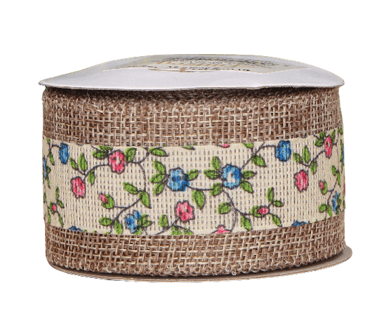 Wstążka jutowa w kwiaty niebieski, róż 3,8cm 4,5m 1 Zakręcone Sznurki Wstążka jutowa w kwiaty niebieski