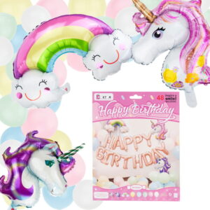 Pastelowa girlanda balonowa JEDNOROŻCE TĘCZA napis HAPPY BIRTHDAY