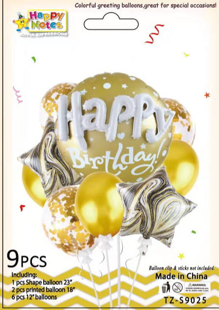 Balony lateksowe i foliowe HAPPY BIRHDAY ZŁOTE kpl 9 szt 1 Zakręcone Sznurki Balony lateksowe i foliowe HAPPY BIRHDAY ZŁOTE kpl 9 szt