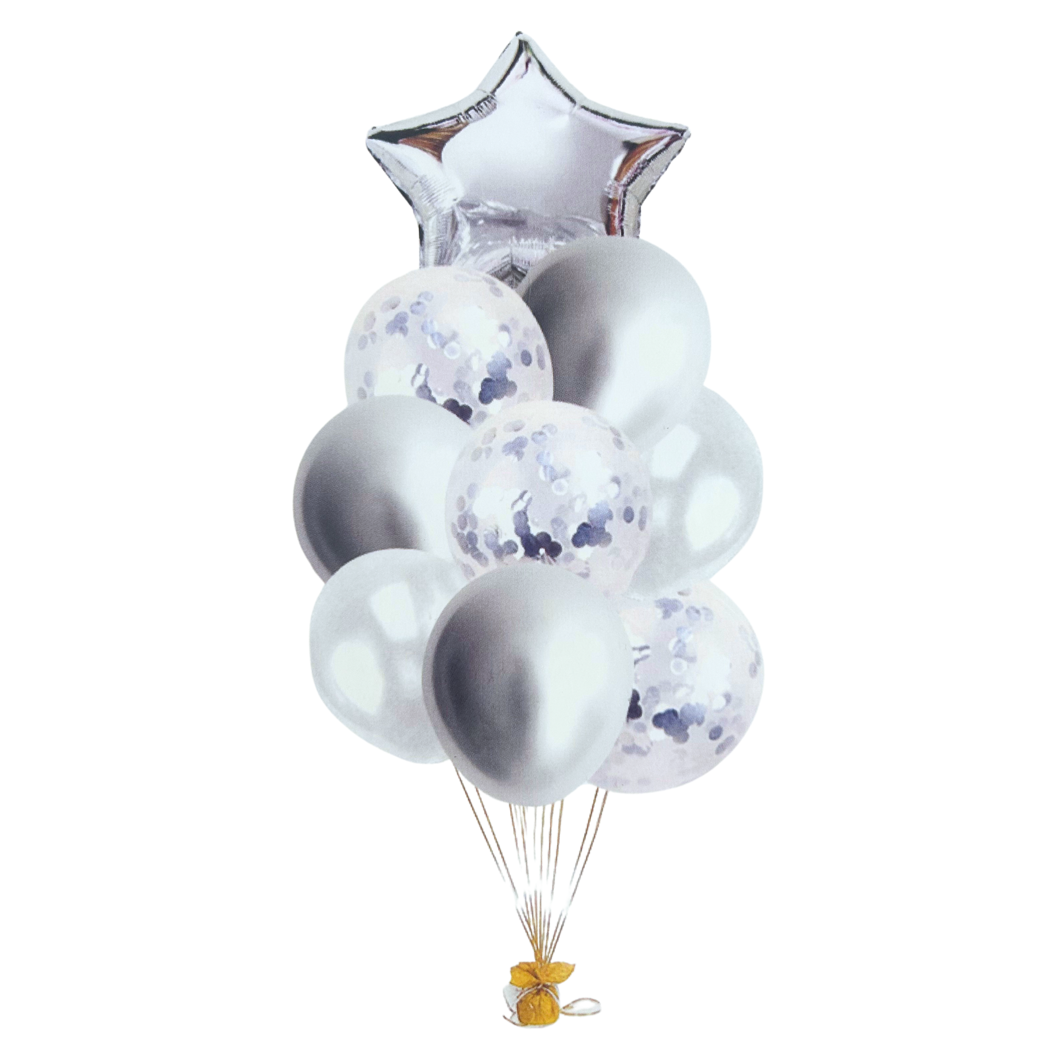 Balony lateksowe i foliowe GWIAZDA SREBRNE kpl 9 szt 1 Zakręcone Sznurki Balony lateksowe i foliowe GWIAZDA SREBRNE kpl 9 szt