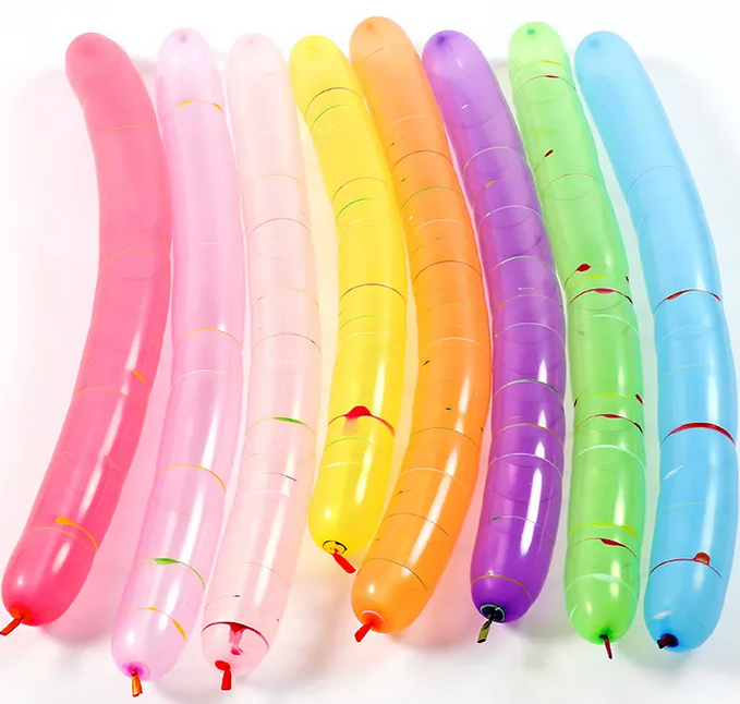 Balony RAKIETY LATAJĄCE dekoracyjne DŁUGIE w paski kpl. 40 szt MIX KOLOR 20 cm 2 Zakręcone Sznurki Balony RAKIETY LATAJĄCE dekoracyjne DŁUGIE w paski kpl. 40 szt MIX KOLOR 20 cm