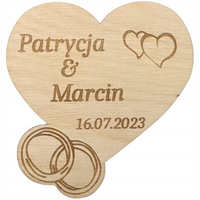 Personalizowane podziękowanie MAGNES na ślub wesele serce i obrączki 1 Zakręcone Sznurki Personalizowane podziękowanie MAGNES na ślub wesele serce i obrączki