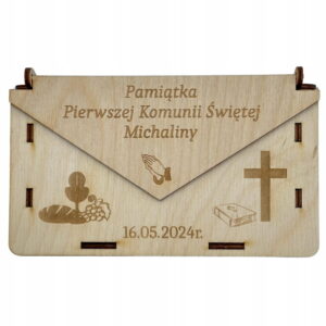 Drewniane pudełko Koperta pamiątka I Komunii Świętej