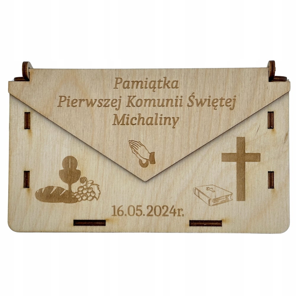 Drewniane pudełko Koperta pamiątka I Komunii Świętej 1 Zakręcone Sznurki Drewniane pudełko Koperta pamiątka I Komunii Świętej