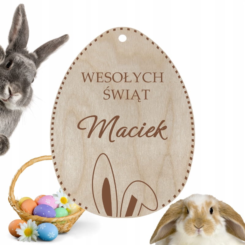 Zawieszka bilecik jajko z Imieniem WESOŁYCH ŚWIĄT + IMIĘ uszy zająca 1 Zakręcone Sznurki Zawieszka bilecik jajko z Imieniem WESOŁYCH ŚWIĄT + IMIĘ uszy zająca