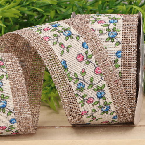 Wstążka jutowa w kwiaty niebieski, róż 3,8cm 4,5m 4 Zakręcone Sznurki 5m