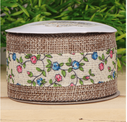 Wstążka jutowa w kwiaty niebieski, róż 3,8cm 4,5m 2 Zakręcone Sznurki róż 3