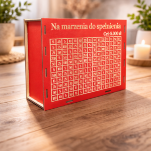 Skarbonka wykreślanka personalizowana z celem na oszczędzanie Czerwona
